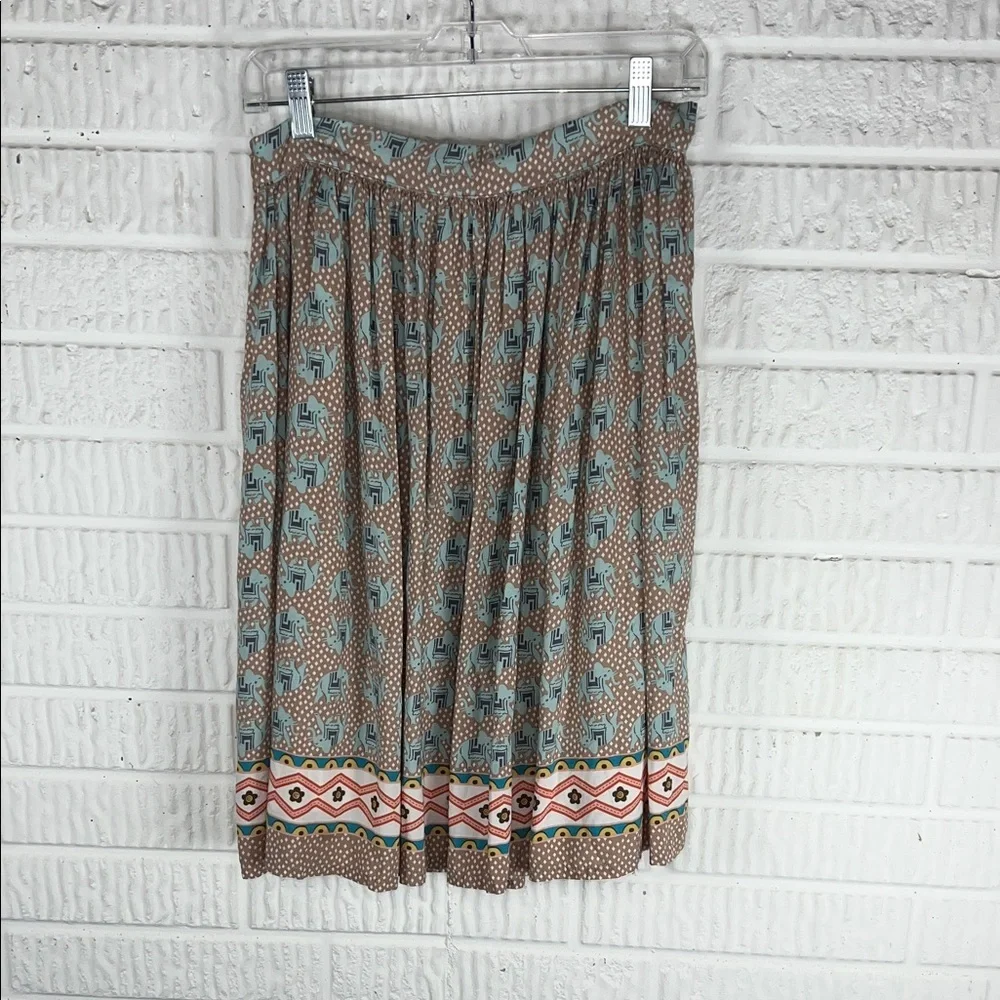 Comme Toi Elephant Boho Printed Midi Skirt in Light Brown and Teal - Picture 2 of 4